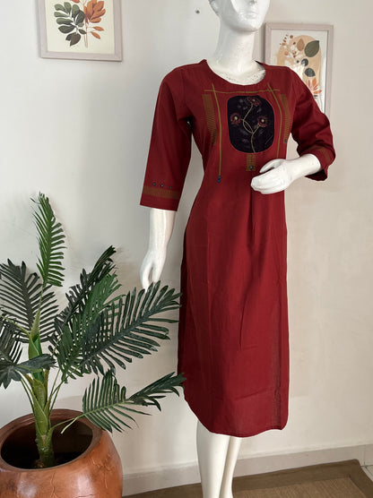 Rust Handloom Cotton Kurta with Handblock