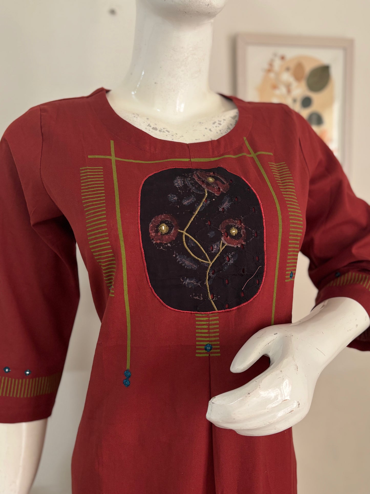 Rust Handloom Cotton Kurta with Handblock