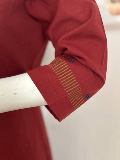 Rust Handloom Cotton Kurta with Handblock
