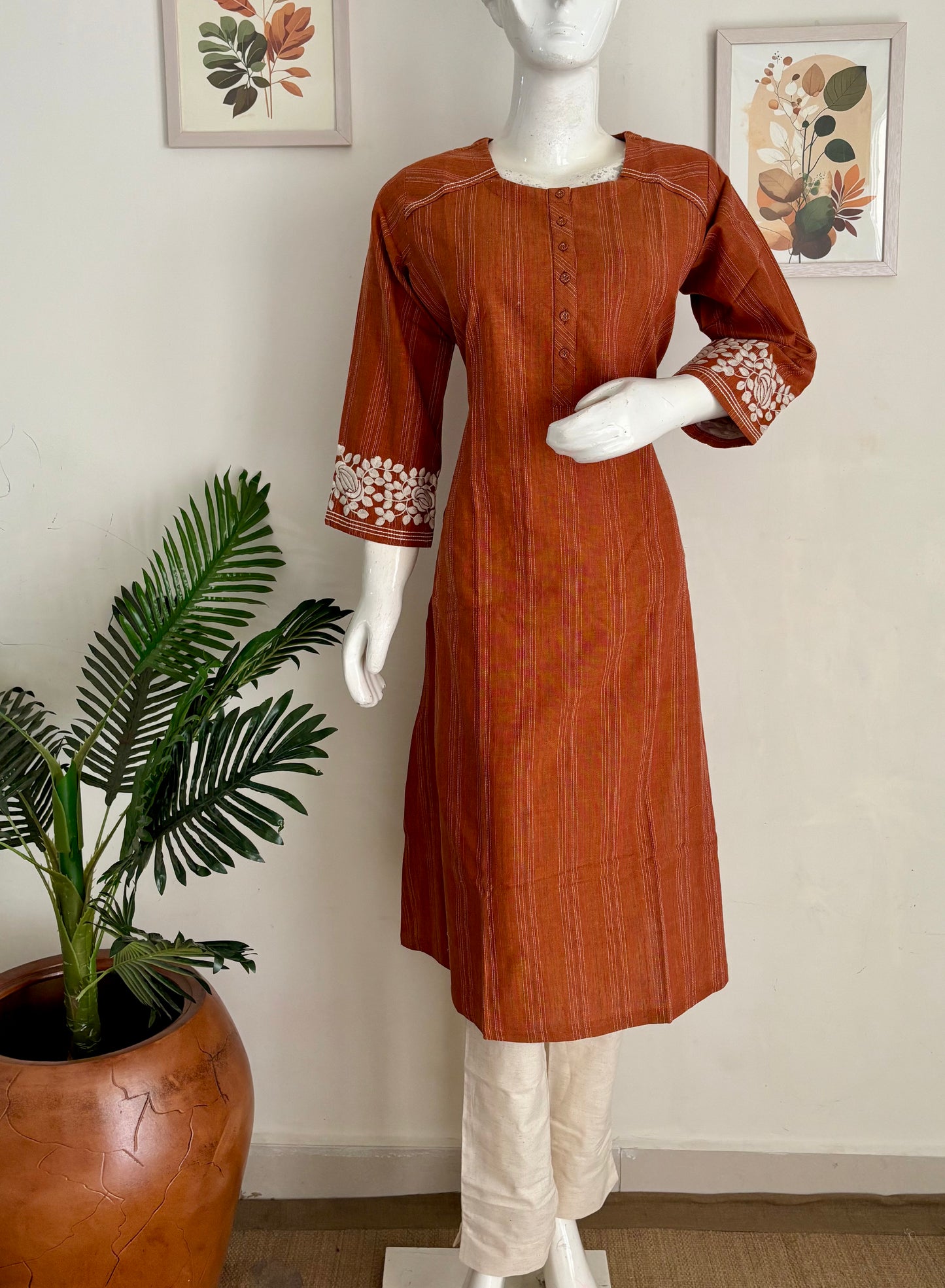 Orange Pure Handloom Cotton Kurta Set