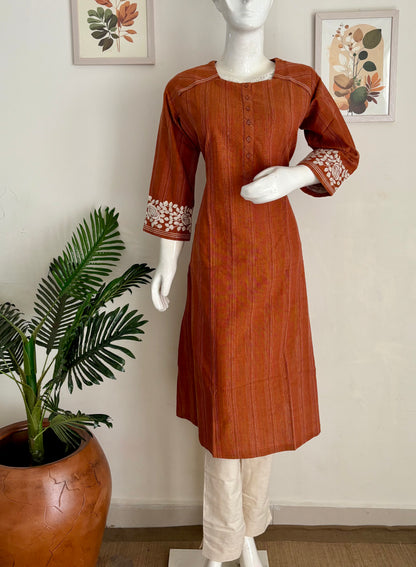 Orange Pure Handloom Cotton Kurta Set