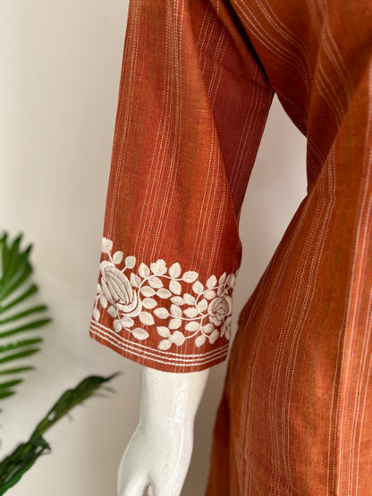 Orange Pure Handloom Cotton Kurta Set