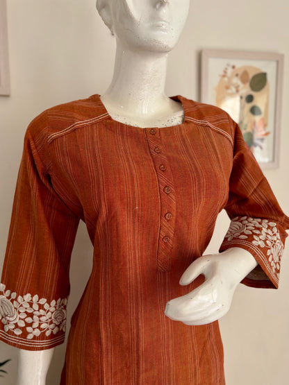 Orange Pure Handloom Cotton Kurta Set