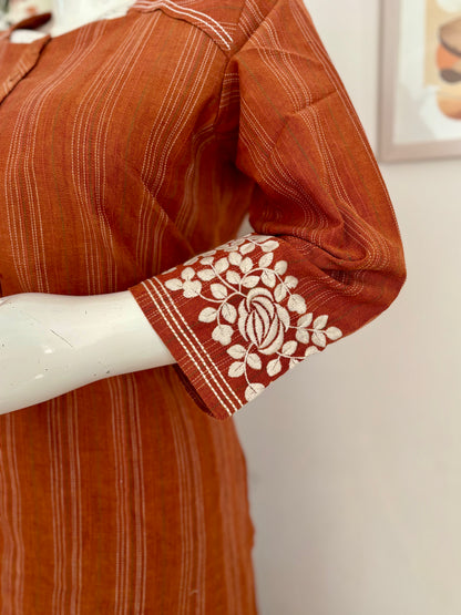 Orange Pure Handloom Cotton Kurta Set