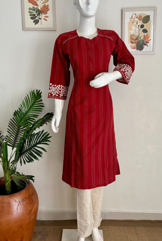 Mehroon Pure Handloom Cotton Kurta Set