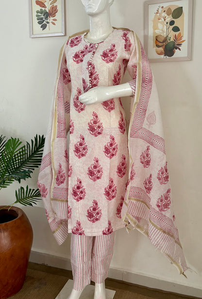 Noor – White & Pink Mughal Handblock Maheshwari Silk Set"