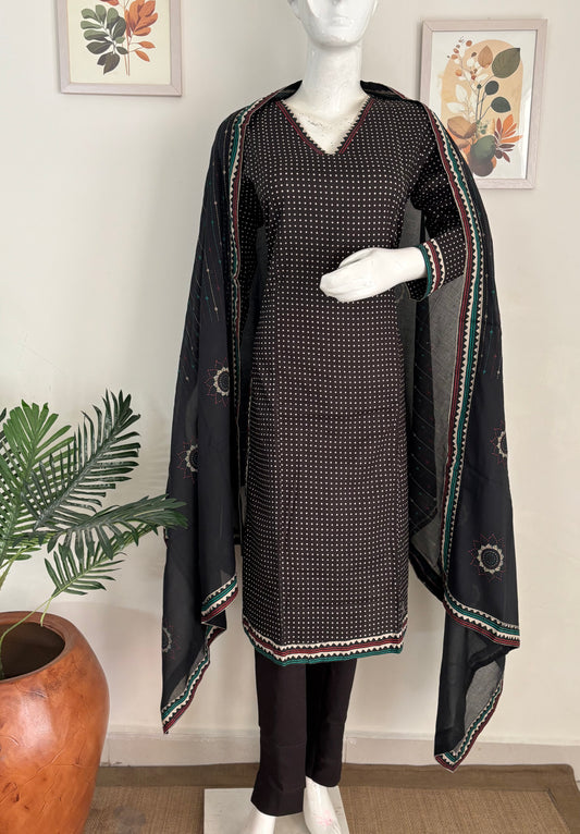 Black Handloom Cotton A-Line Kurta Set