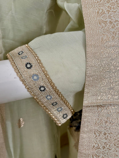 Pastel Green Silk Elegance – Banarasi & Jaamdani Kurta Set