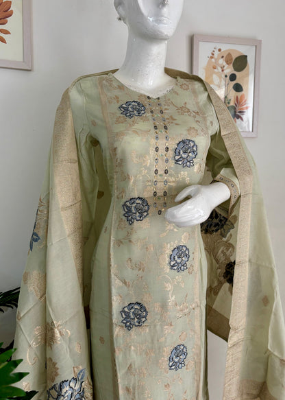 Pastel Green Silk Elegance – Banarasi & Jaamdani Kurta Set