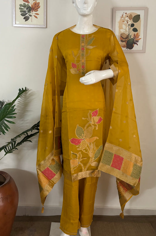 Festive Bloom – Mustard Yellow Organza Silk Set with Banarasi Weaves