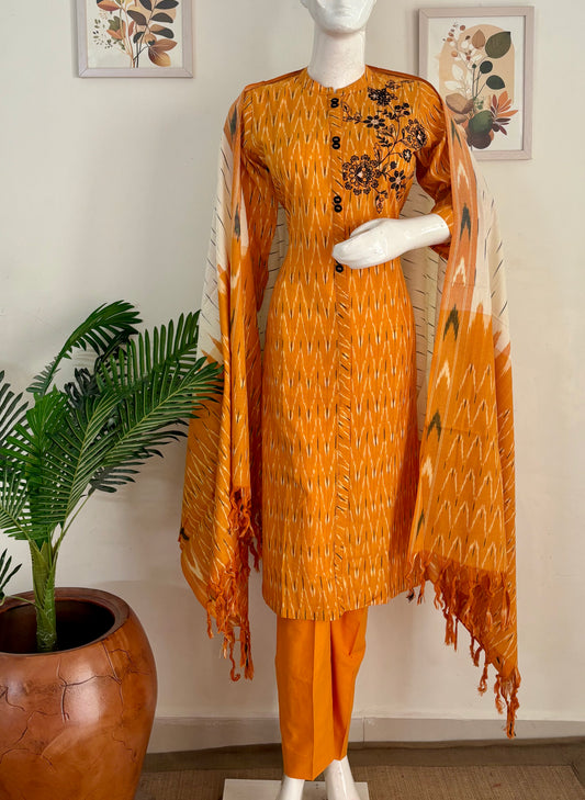 Mustard Ikkat Handloom Cotton Kurta Set