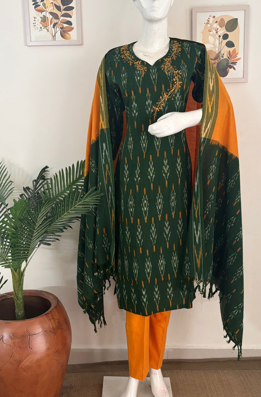 Green Handloom Cotton Ikkat Kurta Set