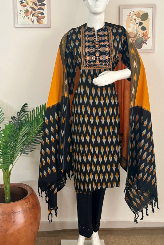 Black Handloom Cotton Ikkat Kurta Set