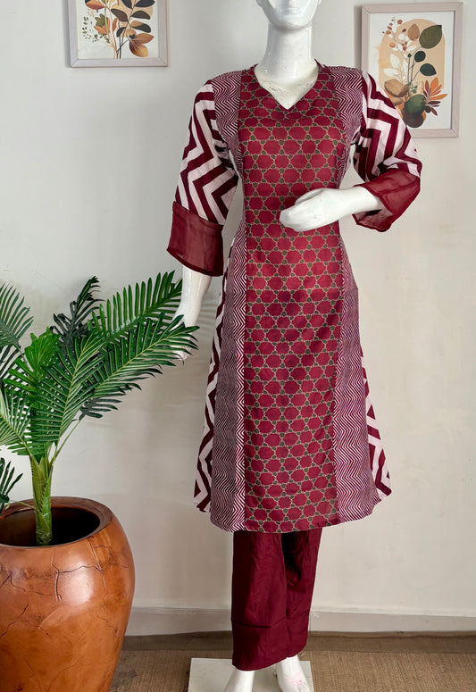 Mehroon Pure Silk A-Line Kurta Set