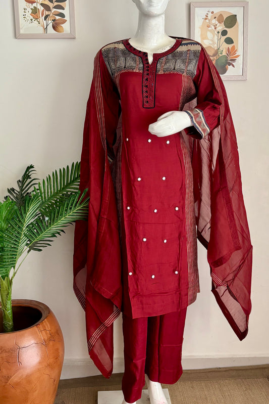 Pure Silk Mehroon Kurta Set A-line Fit