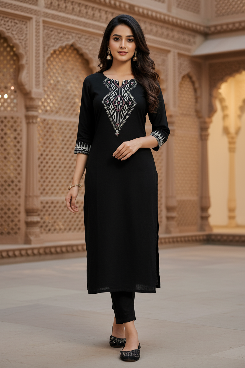 Black Cotton Kurta with Handblock
