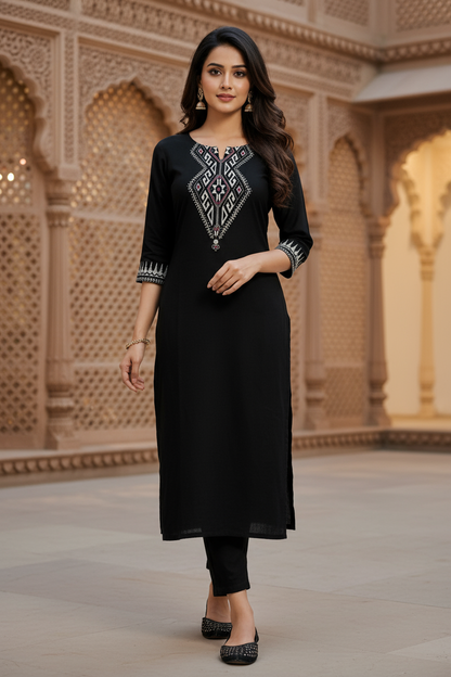 Black Cotton Kurta with Handblock
