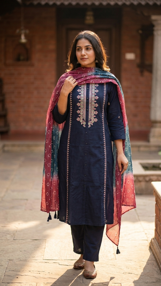 Navy Blue A-Line Handloom Cotton Kurta Set