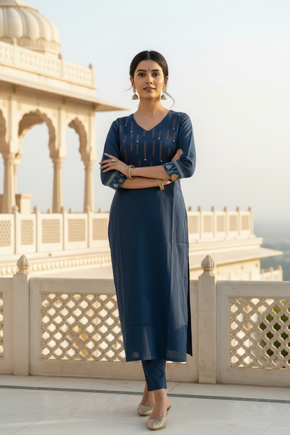 Teal Blue Kurta with Ikkat Handloom Sleeve