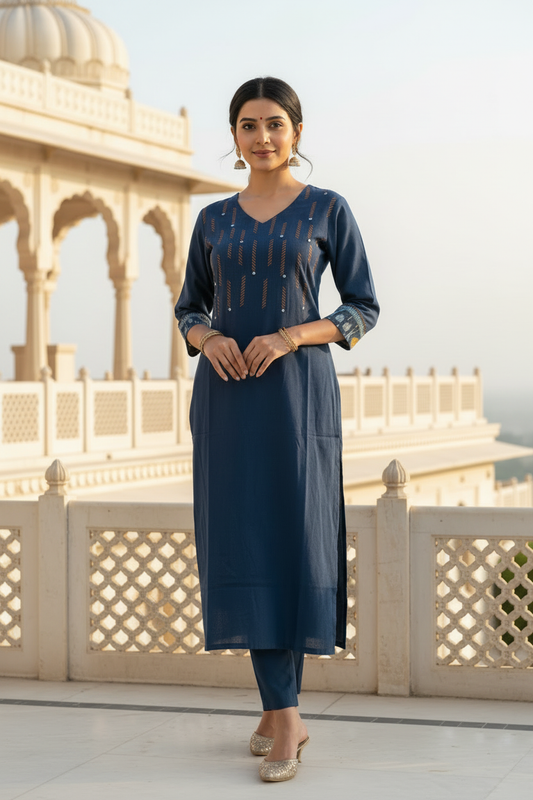 Teal Blue Kurta with Ikkat Handloom Sleeve