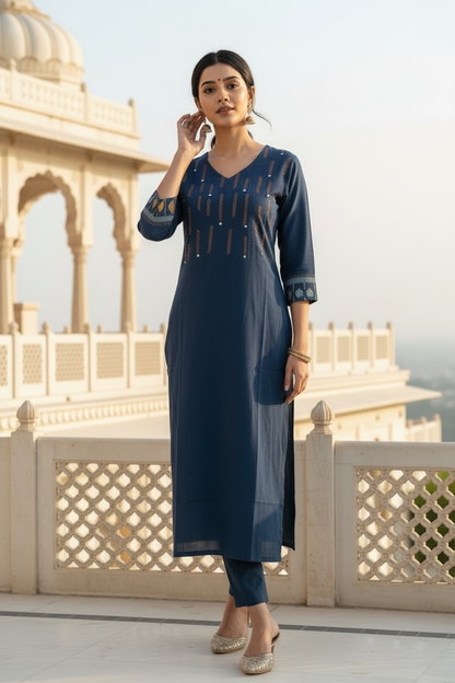 Teal Blue Kurta with Ikkat Handloom Sleeve