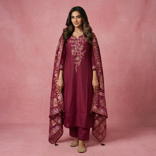 Embroidered Viscose Silk Suit Set