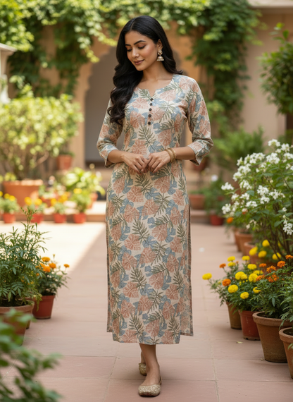 Jute Cotton Floral Print A-Line Kurta