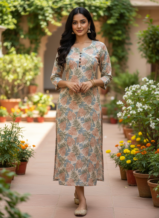 Jute Cotton Floral Print A-Line Kurta