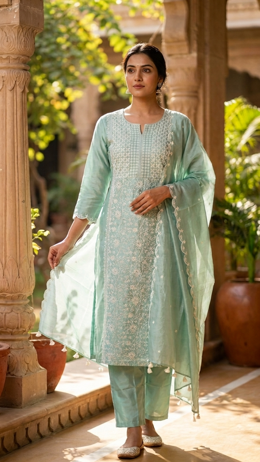 Pastel Green Chanderi Silk Kurta Set with Chikankari Embroidery