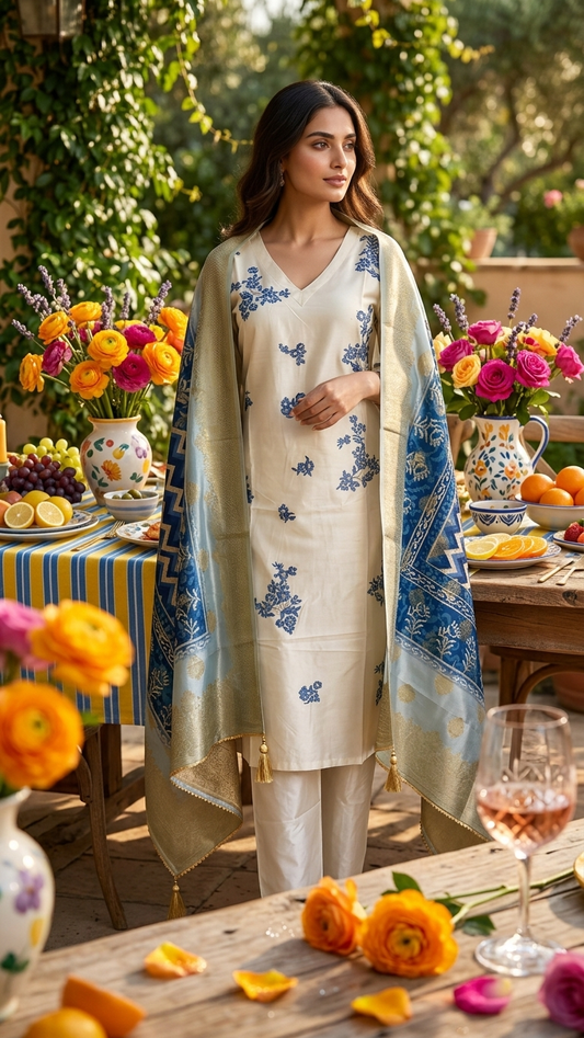 White A-Line Silk Kurta Set with Blue Floral Embroidery & Zari Dupatta
