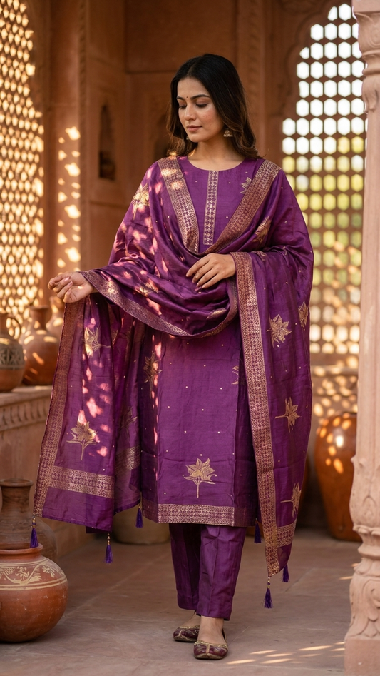 Banarsi Purple Silk Kurta Set with handwork