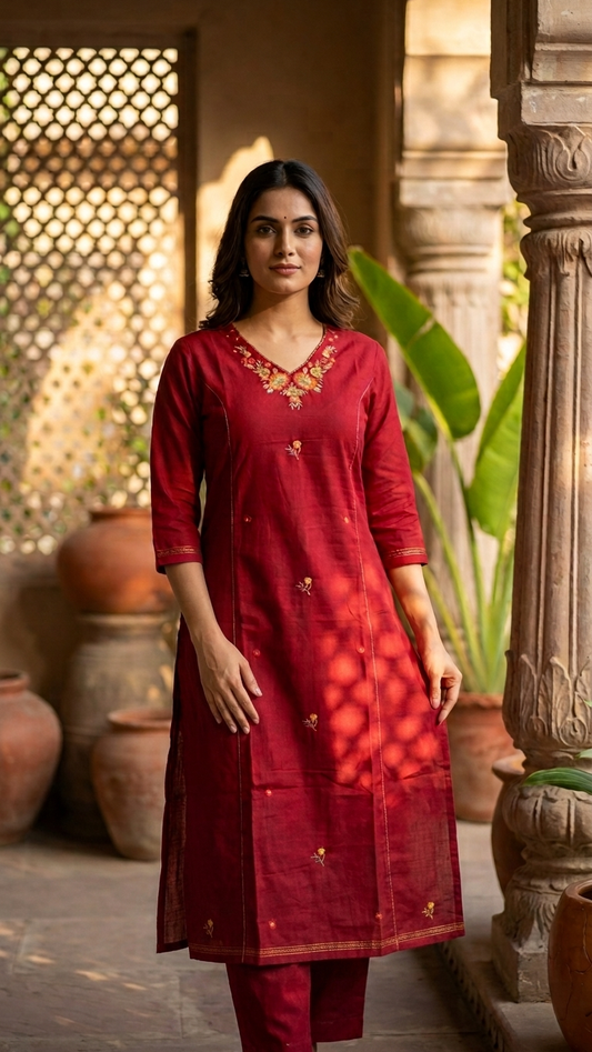 Handloom Cotton Kurta Set with Floral Embroidery