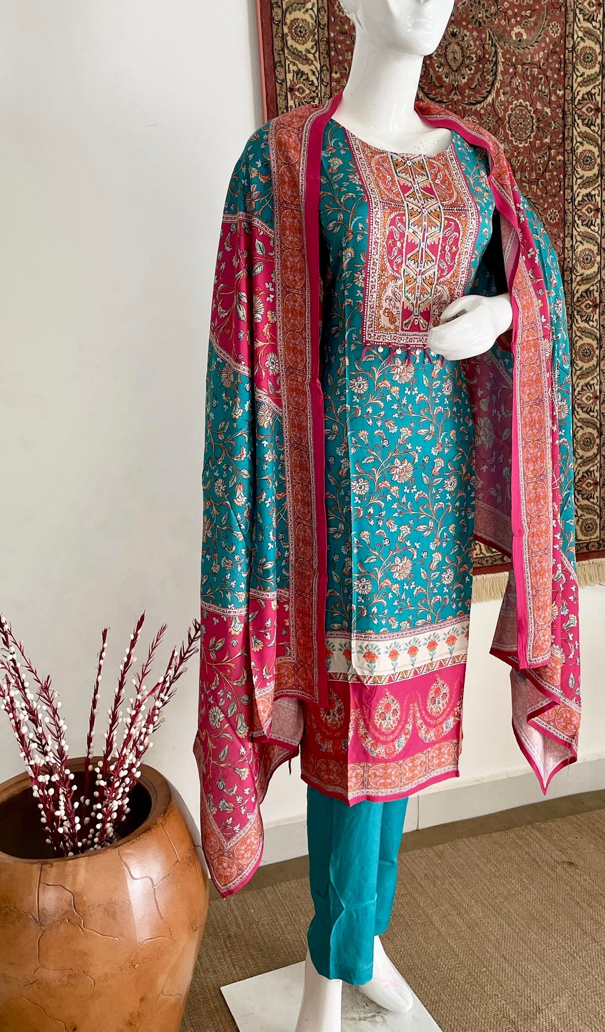 Pink Peony Print Muslin Silk Kurta Set