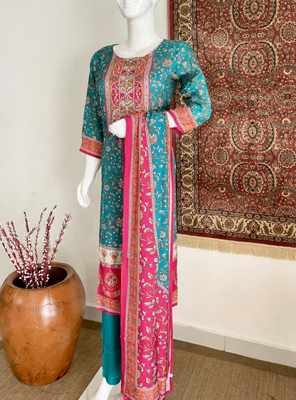 Pink Peony Print Muslin Silk Kurta Set