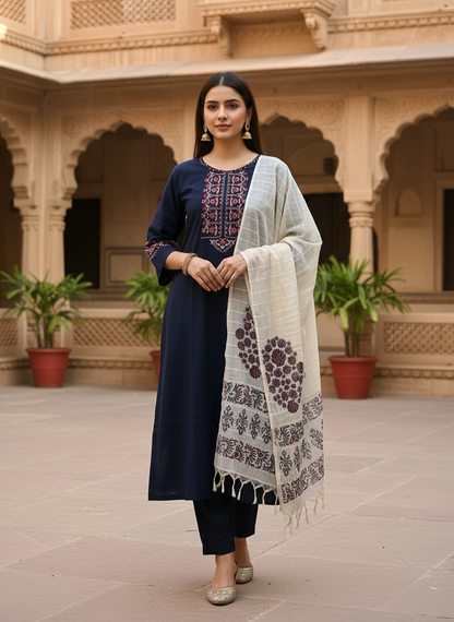 Handloom Cotton Navy Blue Kurta Set